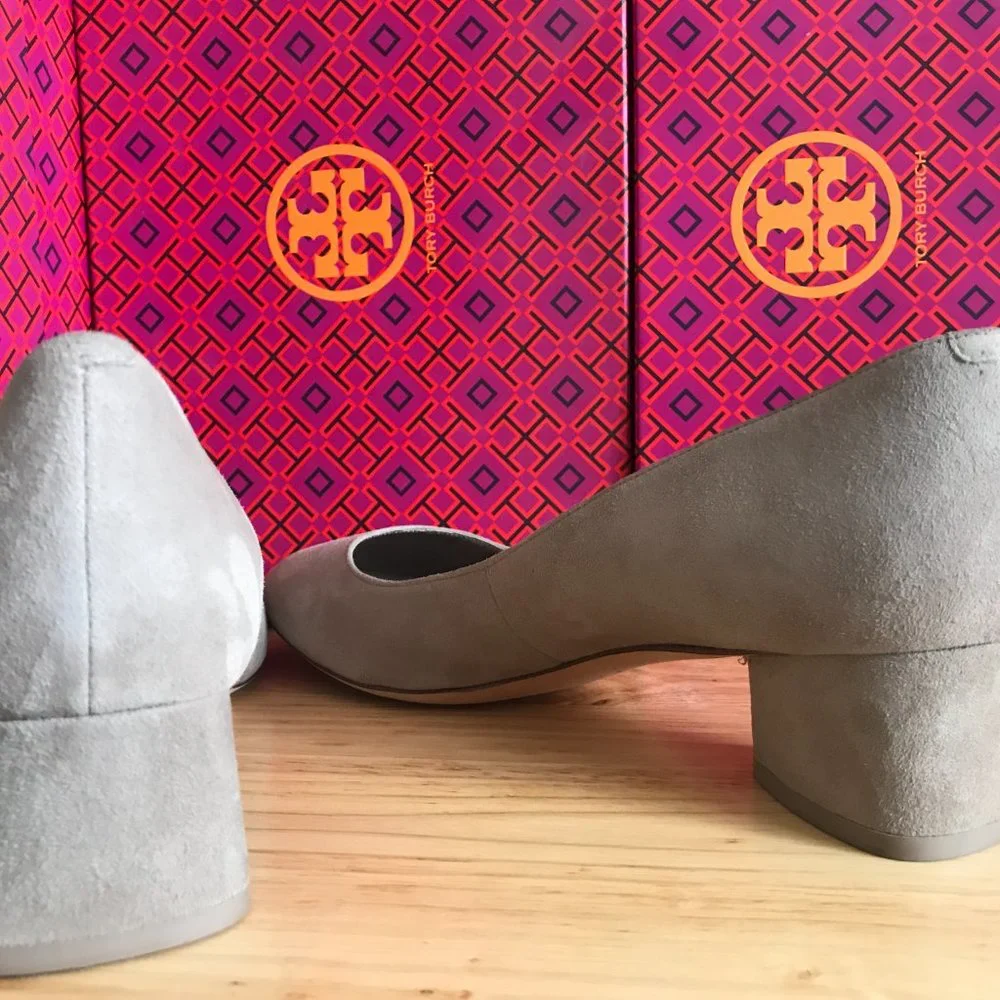 Tory Burch Gray Suede Block Heel Pumps